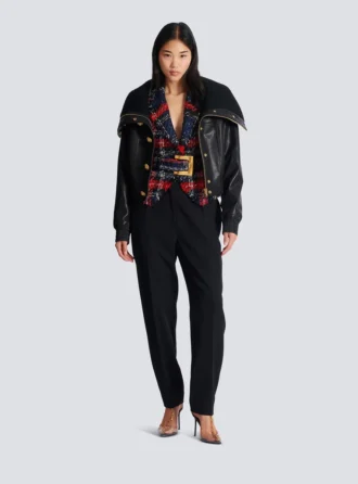 Belted plaid tweed jacket