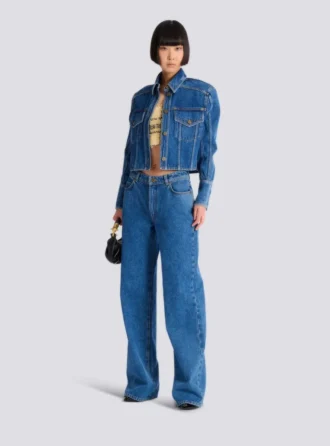Cropped faded denim jacket