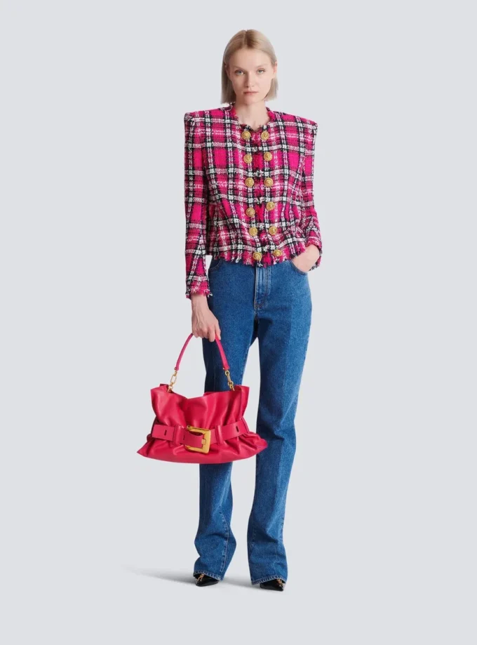 Cropped jacket in glitter plaid tweed