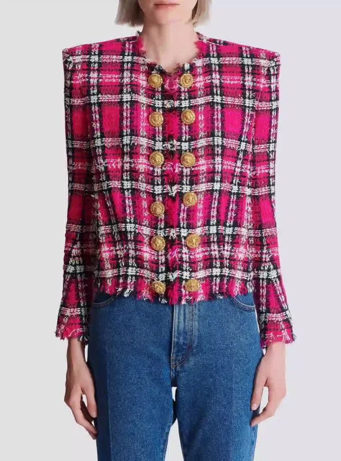 Cropped jacket in glitter plaid tweed