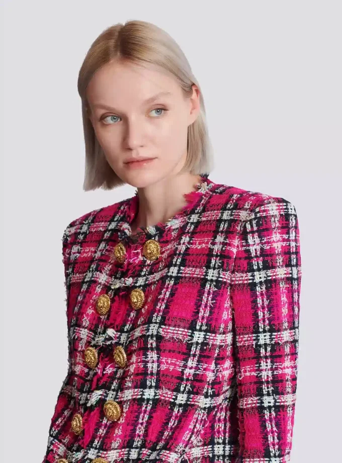 Cropped jacket in glitter plaid tweed