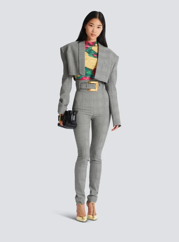 Cropped jacket in Prince of Wales jacquard