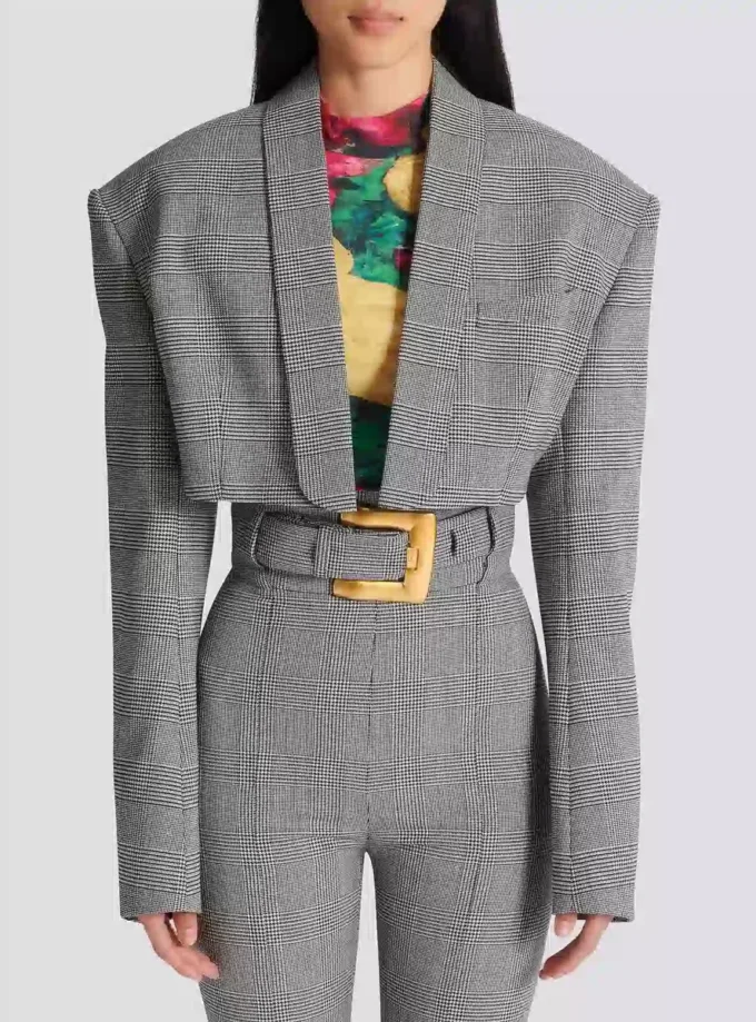 Cropped jacket in Prince of Wales jacquard