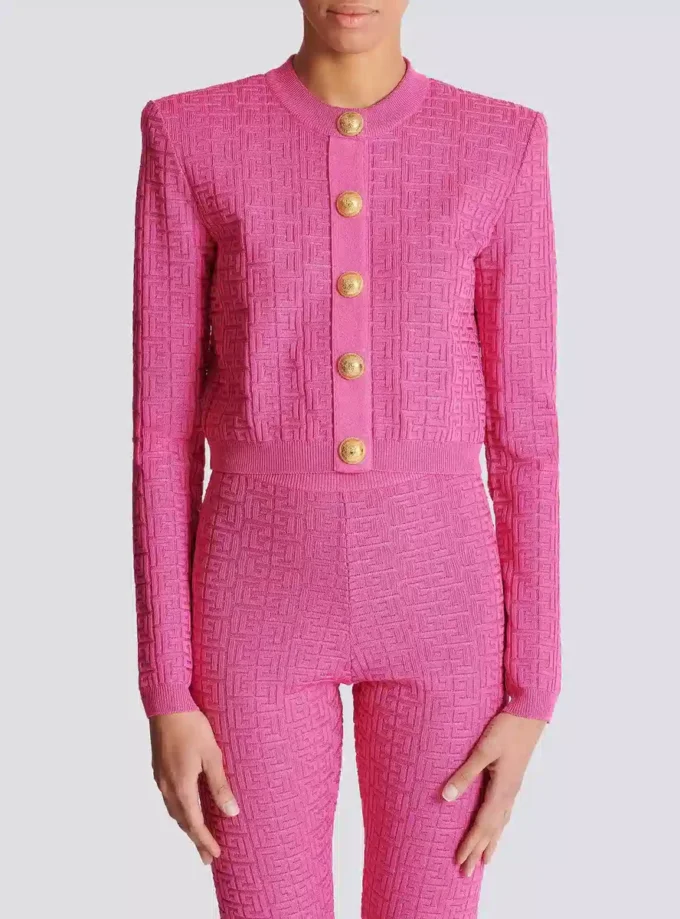 Cropped monogrammed knit cardigan