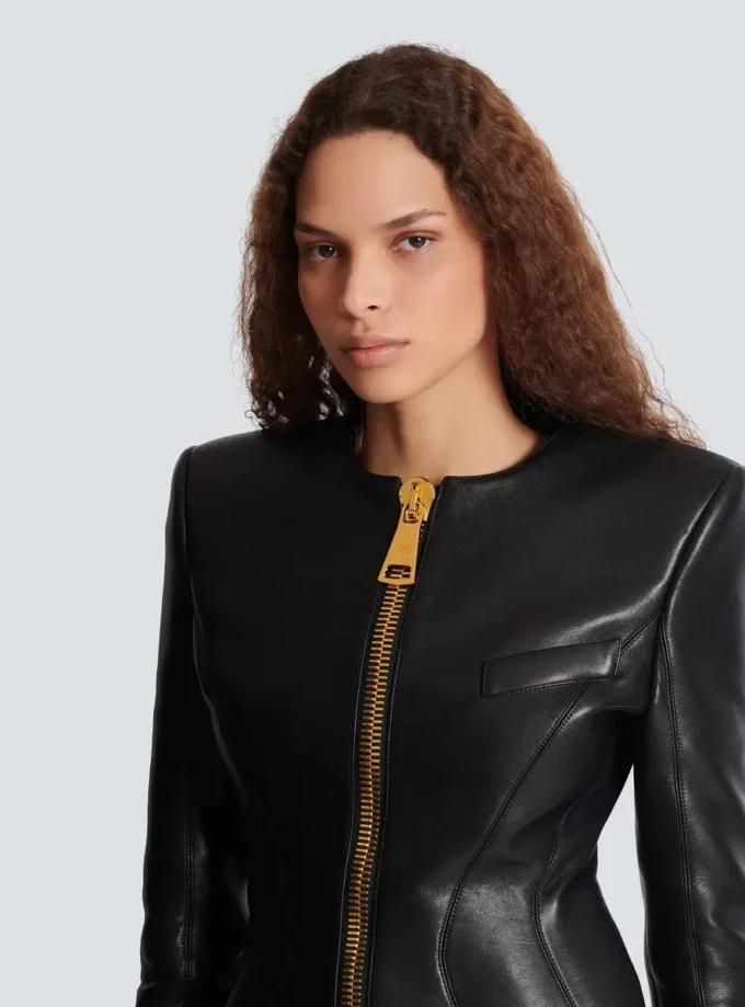 Cropped peplum lambskin jacket