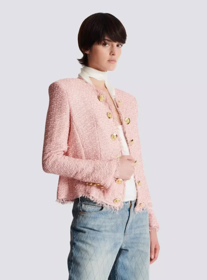 Edge-to-edge sequin tweed jacket