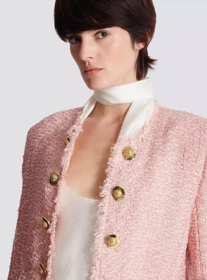 Edge-to-edge sequin tweed jacket