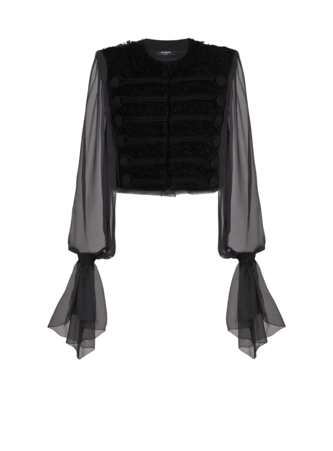 Edge-to-edge tweed and chiffon jacket