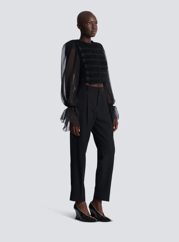 Edge-to-edge tweed and chiffon jacket