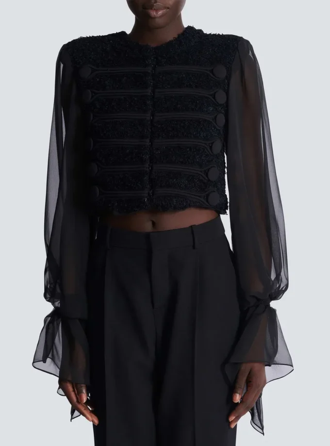 Edge-to-edge tweed and chiffon jacket