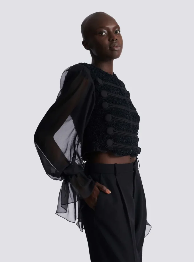 Edge-to-edge tweed and chiffon jacket