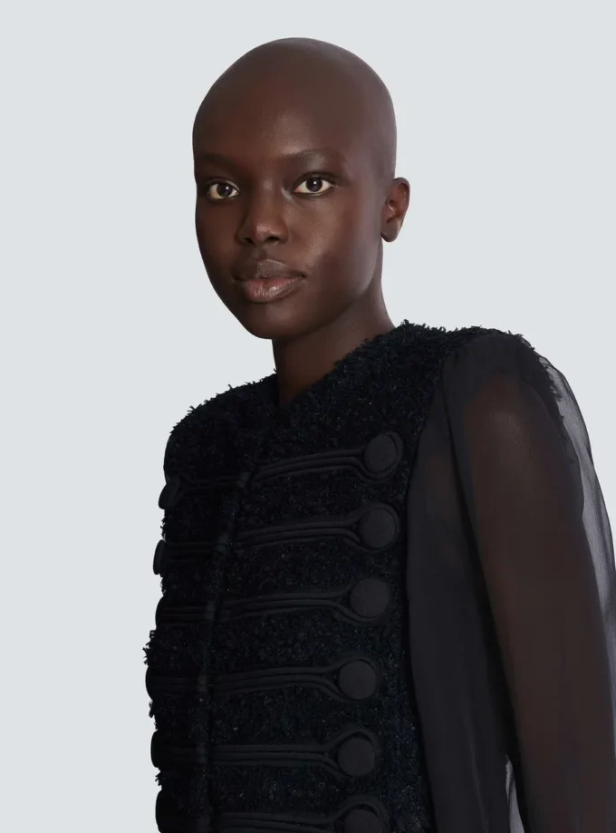 Edge-to-edge tweed and chiffon jacket