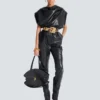Faux leather draped top