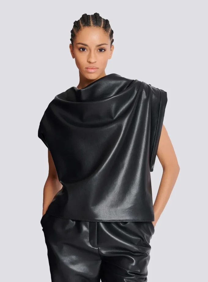 Faux leather draped top