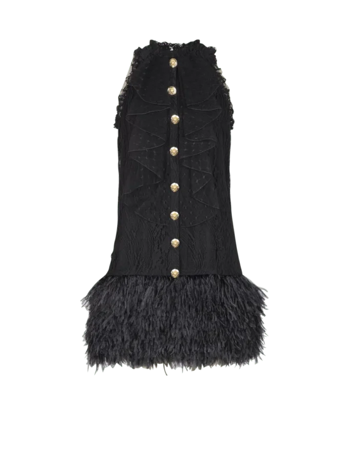 Flowing lace and feather dress