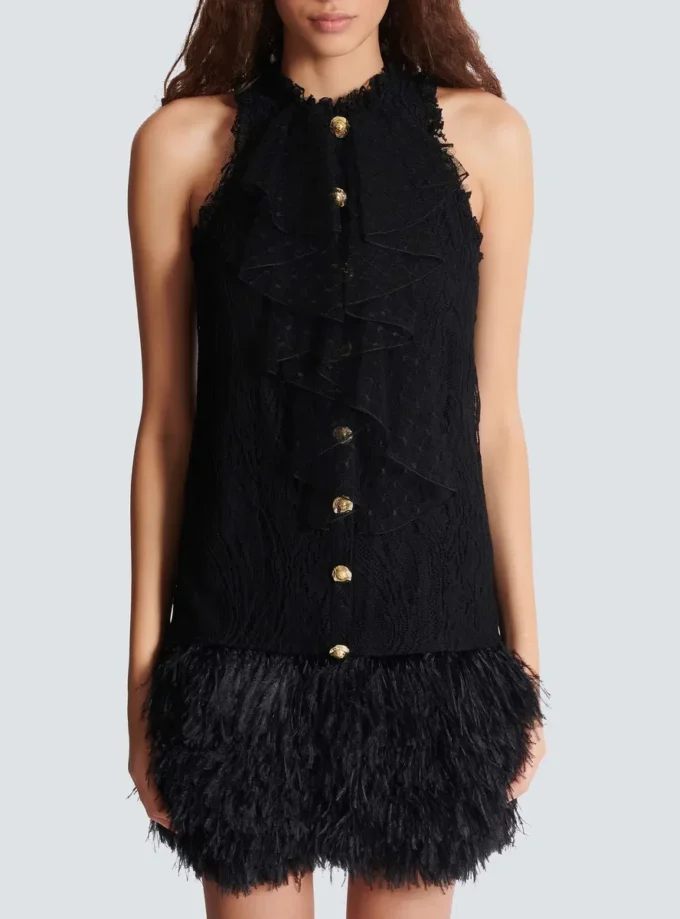 Flowing lace and feather dress