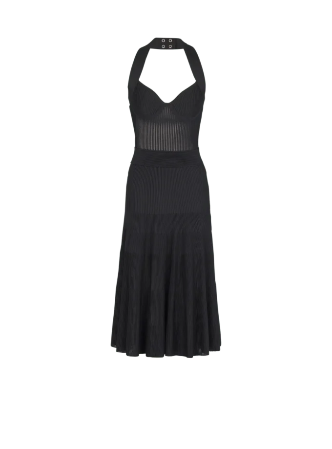 Halterneck pleated knit midi dress