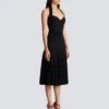 Halterneck pleated knit midi dress