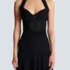 Halterneck pleated knit midi dress