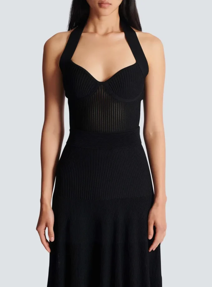 Halterneck pleated knit midi dress