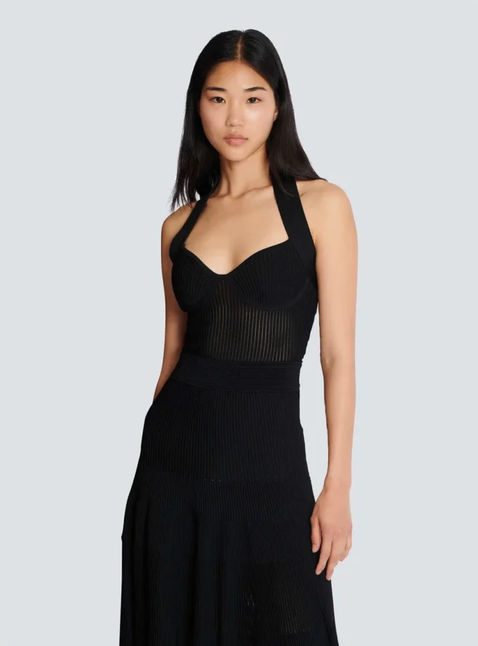 Halterneck pleated knit midi dress