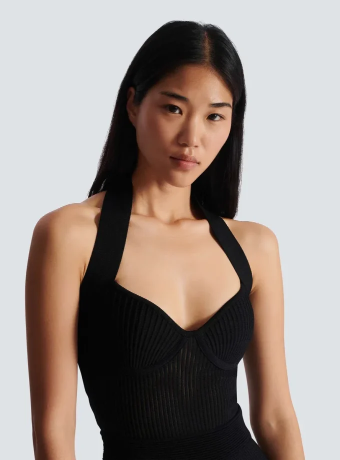 Halterneck pleated knit midi dress