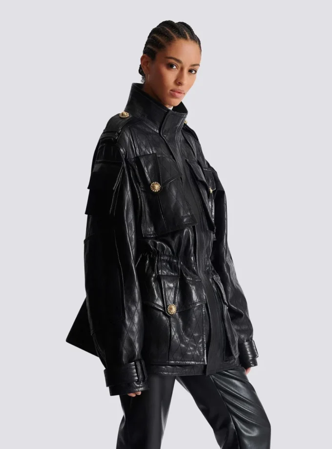 Lambskin leather parka with topstitched Diamond pattern