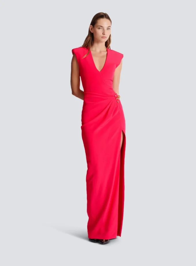 Long crepe dress with embellished detail
