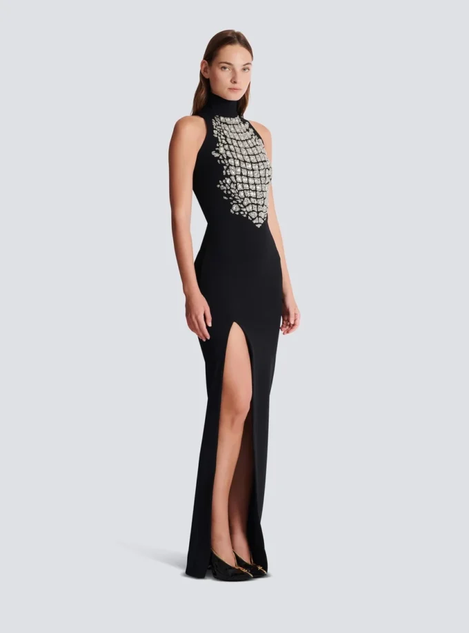 Long embroidered slit dress