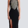 Long embroidered slit dress