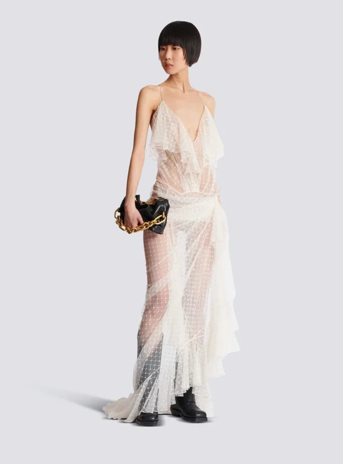 Long flowing dress with lace ruffles