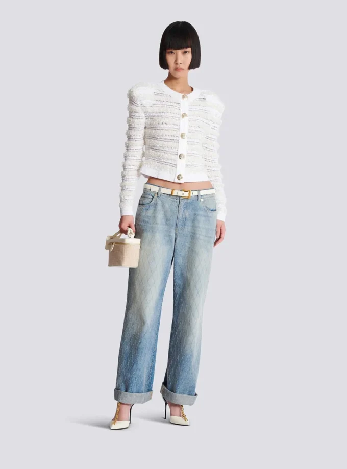 Long-sleeved tweed-effect knit cardigan