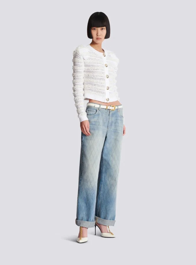 Long-sleeved tweed-effect knit cardigan