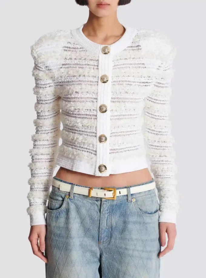 Long-sleeved tweed-effect knit cardigan