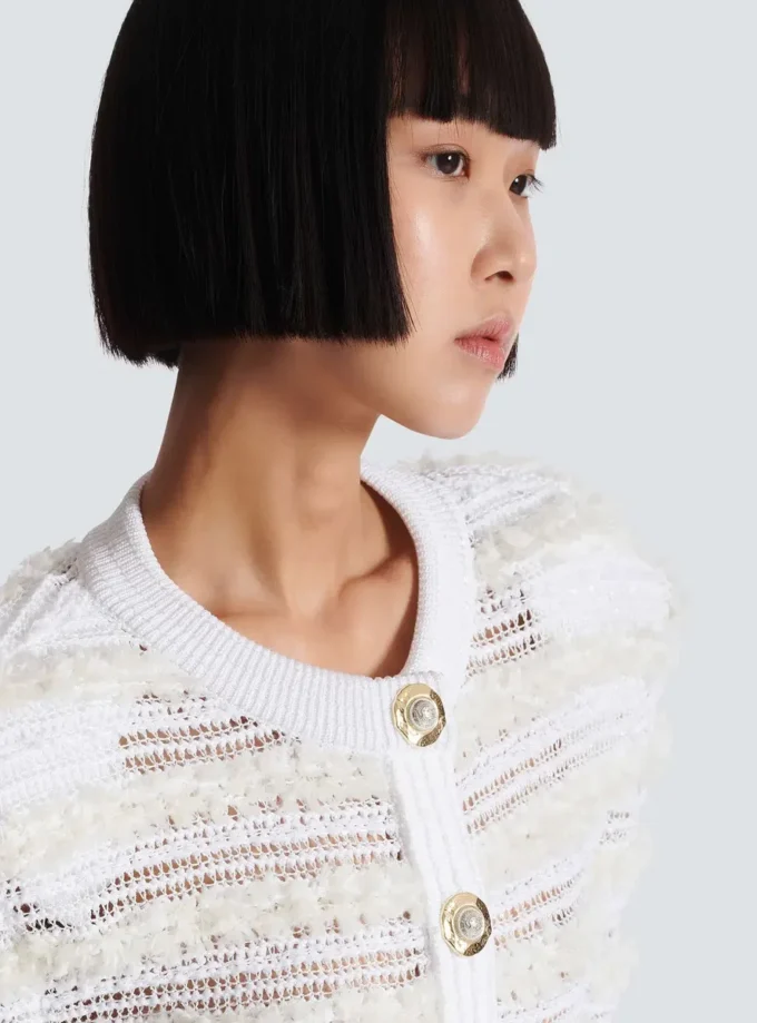 Long-sleeved tweed-effect knit cardigan