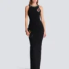Long sleeveless dress in embroidered velvet