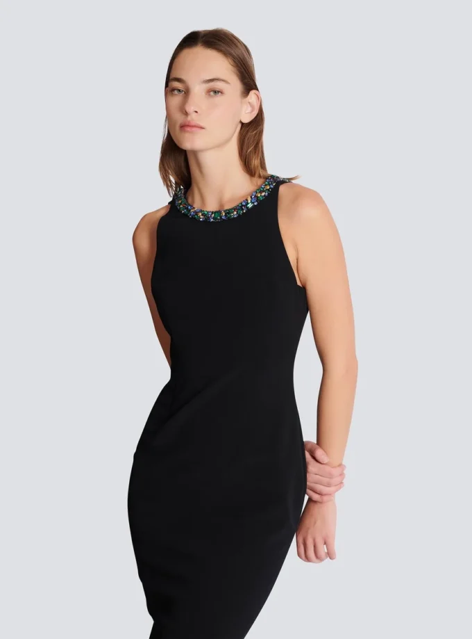 Long sleeveless dress in embroidered velvet