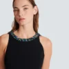 Long sleeveless dress in embroidered velvet