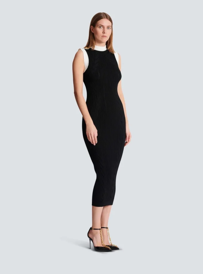 Long two-tone cable-knit dress