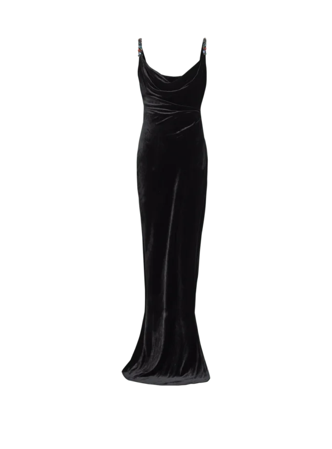 Long velvet dress with embellished straps