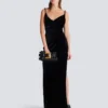 Long velvet dress with embellished straps