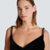 Long velvet dress with embellished straps