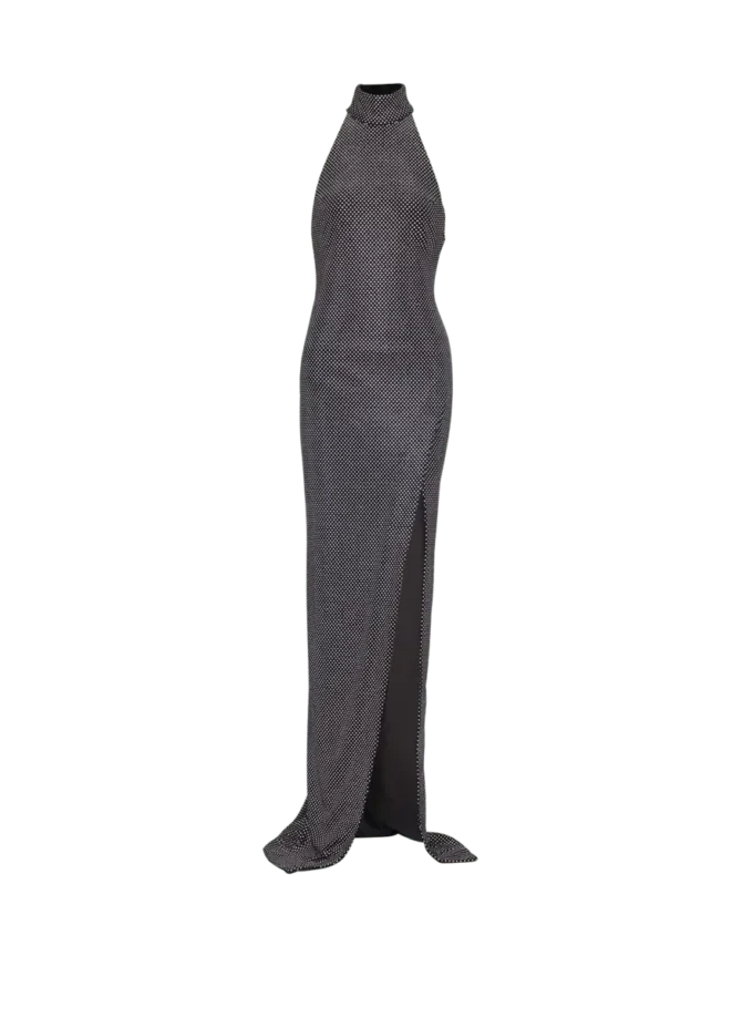 Long velvet halterneck dress with rhinestones