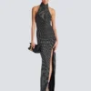 Long velvet halterneck dress with rhinestones