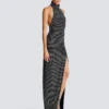 Long velvet halterneck dress with rhinestones