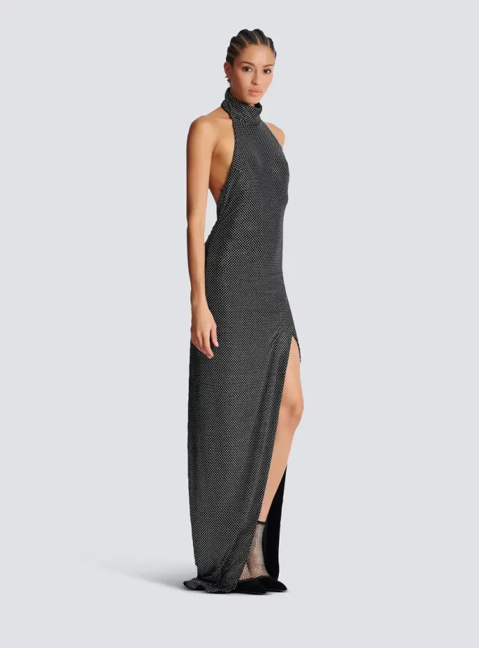 Long velvet halterneck dress with rhinestones