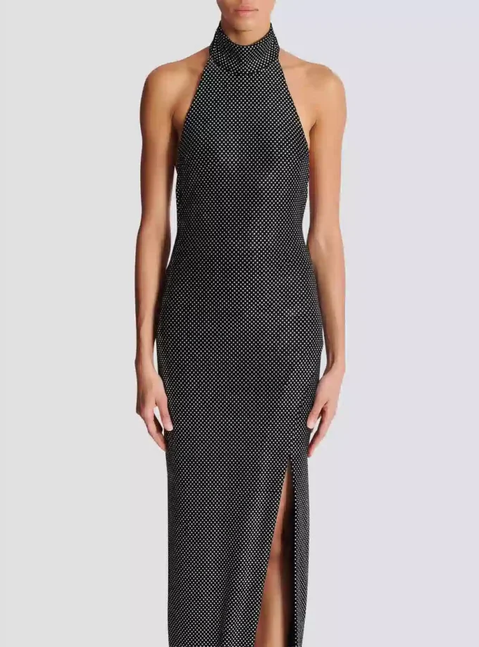 Long velvet halterneck dress with rhinestones