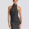 Long velvet halterneck dress with rhinestones