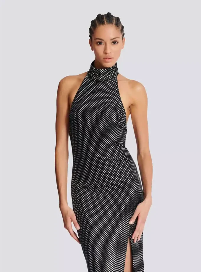 Long velvet halterneck dress with rhinestones