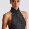Long velvet halterneck dress with rhinestones